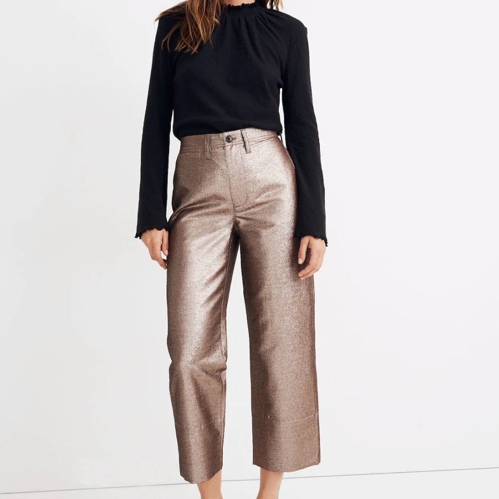 Madewell Slim Emmett Metallic Brown Glitter Wide-Leg Crop Pants Size 31 NWT